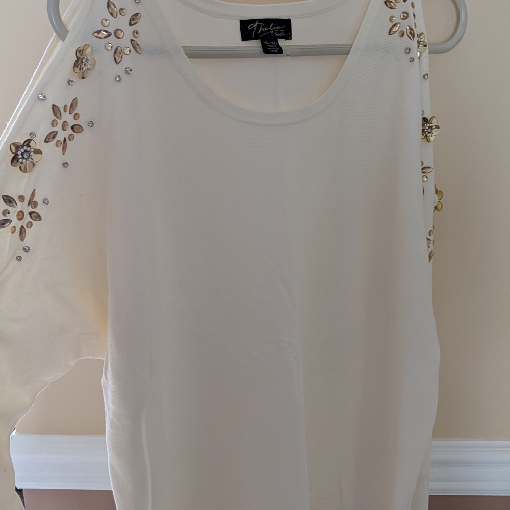 Thalia Sodi Off-Shoulder Sweater in Cream with Gold Accents